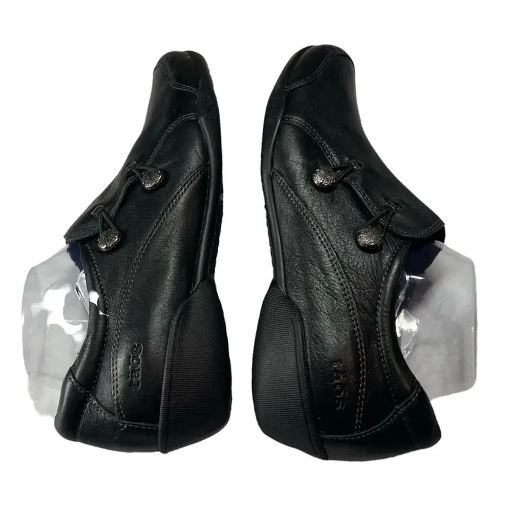 Taos Encore Black Leather Slip On Loafer 10 Medallion Button Arch Support Shoe